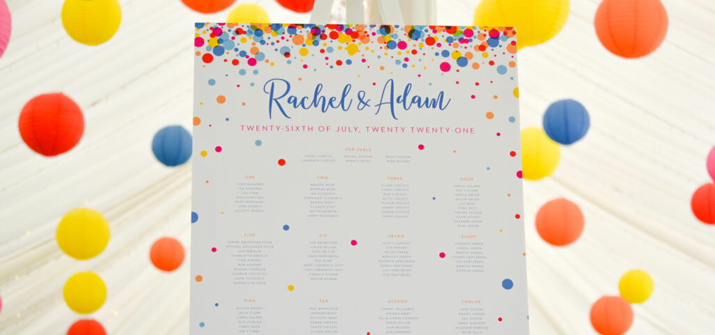 Colourful Jewish wedding table plan